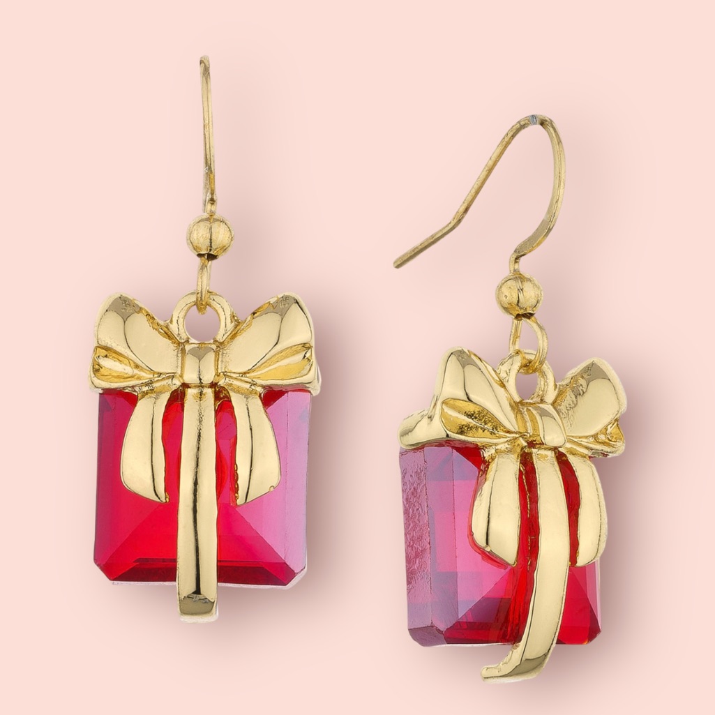 Gold-Tone Stone Wrapped Present Drop Earring Red New